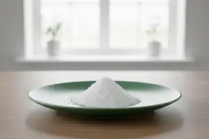 Sukralos är ett sockerliknande pulver, här upplagt på en grön assiett.