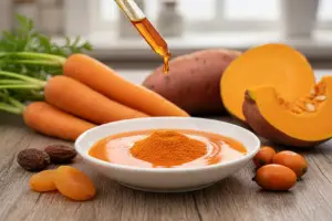 En tallrik med betakaroten, en orange väska och pulver, flankerad av morötter, sötpotatis och andra växter i samma färg.
