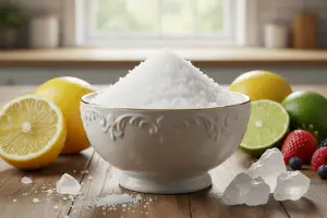 En skål med citronsyra som ser ut ungefär som socker som står på ett bord med citrusfrukter och lite smaskiga bär runt omkring.