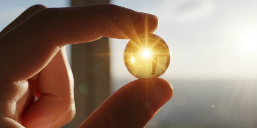 En kapsel med solsken. En hand håller upp en väldigt stor genomskinlig kapsel som solen lyser igenom så att den blänker. D-vitamin är ett av de 5 viktigaste tillskotten du bör börja med efter 45
