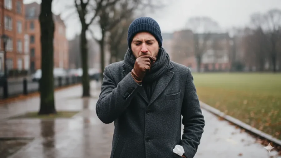 En stackars förkyld man som går och hostar en regnig höstdag