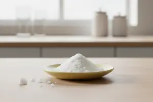 Glycin på en liten assiet, med små "sockerbitar" av glycin vid sidan om. Det vita pulvret är inte helt olikt strösocker.