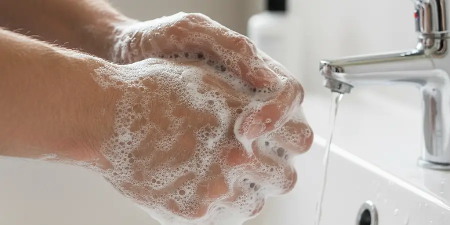 Hur stoppar man förkylningar? Ett fösta steg är att tänka på hygienen. Här är två tvåliga händer över ett handfat.