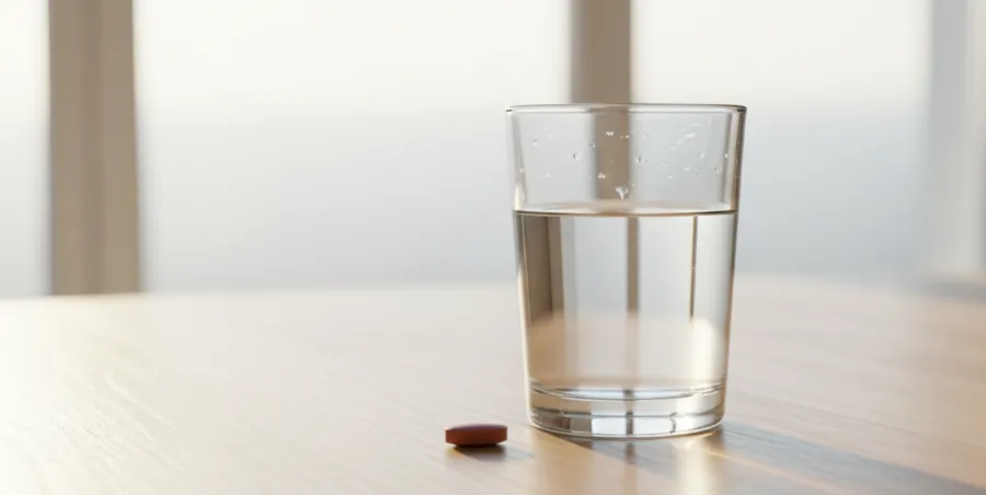 En järntablett på ett solmättat bord tillsammans med ett glas vatten.