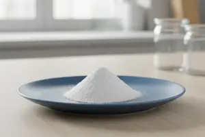 Karboximetylcellulosa, E466, på en blå assiett. Ett vitt pulver.