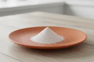 En liten hög med natriumcitrat på en orange assiett. Ett vitt pulver som påminner om socker.