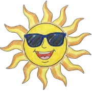 En tecknad glad sol med solglasögon.