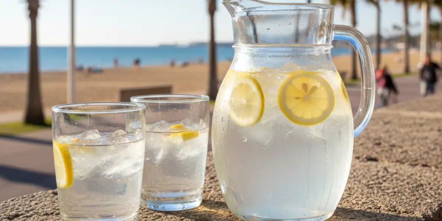 Hur mycket vatten ska man dricka per dag? En varm dag kan en sådan här tillbringare med vatten, is och citron som står uppställd läskande på en mur vid strandpromenaden till en sandstrand vara precis vad som behövs. Någon har hällt upp ett varsitt glas till oss. Skål!