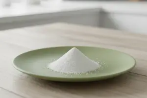 Trikalciumfosfat på en grön assiett. Även detta är ett vitt pulver, som ser ut som en hög med salt.