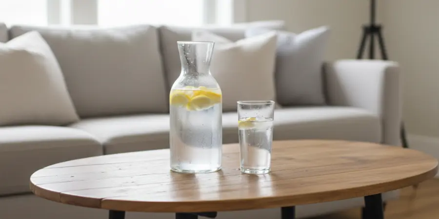En karaff och ett glas med citronvatten på ett vardagsrumsbord.