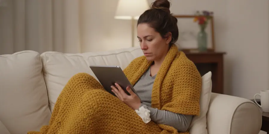 En förkyld stackars tjej sitter uppkurad i soffan under en varm filt och kollar på sin ipad.