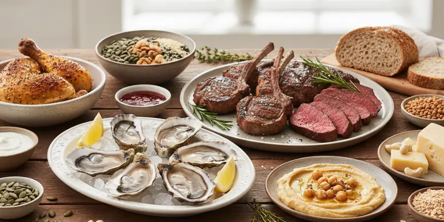 Zinkrik mat uppdukad på ett bord. Nöt- och lammkött, ostron, nötter, frön och fullkorn.