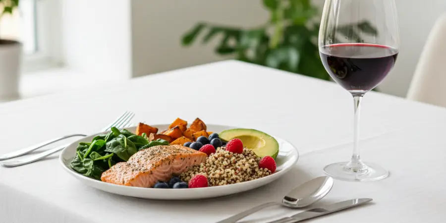 En tallrik med antiinflammatorisk mat, lax, bär, avokado och gröna blad. Till detta serveras ett glas rött vin med mycket resveratrol. Bon apetit!
