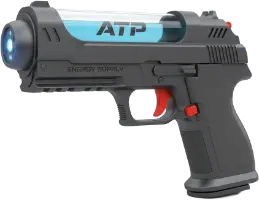 En pistol som ser ut som en futuristisk energipistol. Bokstäverna ATP är tryckta på sidan.