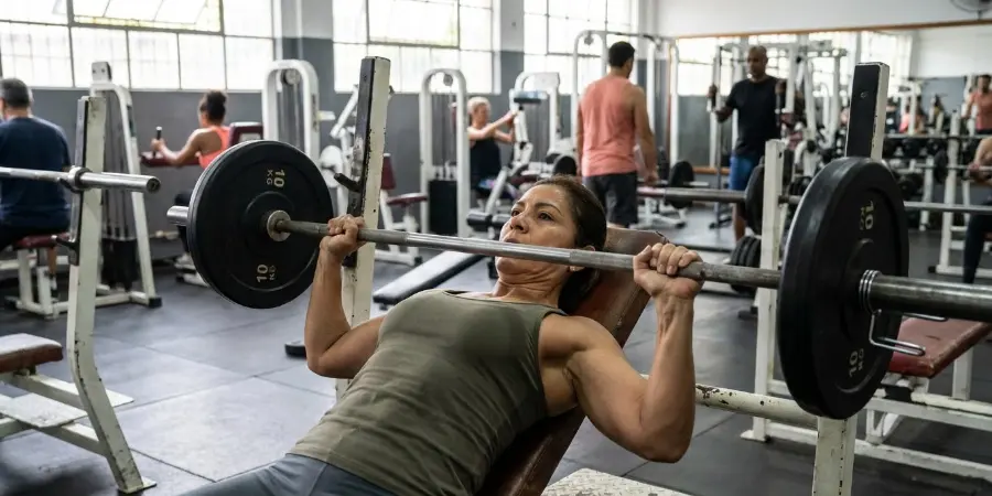 Vad är PWO? En preworkout-dryck som gör att du får fokus, styrka och uthållighet som kvinnan på bilden som snart ska pressa upp sin tionde repetition med 40kg bänkpress!