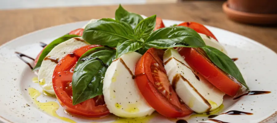 Vad är kasein om inte mozarellaost!? Här är en äkta italiens caprese på ett fat. Skivade tomater varvat med skivad mozarella. Lite färsk basilika ovanpå och så toppar vi med lite olivolja och balsamvinäger och några stänk oregano och svartpeppar. Mums!
