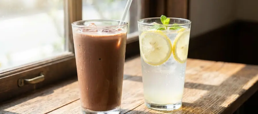 Ett glas chokladdryck bredvid ett glas lemonad.
