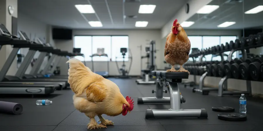 Två faktiska tuppar på ett gym, en kochin och en faverolles, två fina tupp-arter.