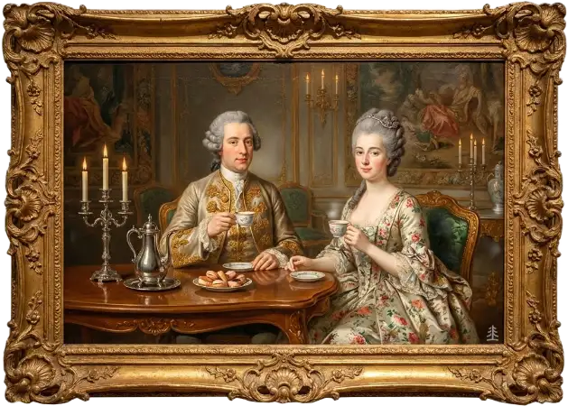 En fin gammal tavla med hertig Kaff och grevinnan von Påtåhr som sitter och njuter av en kopp kaffe i sitt anspråkslösa 1700-talsslott.