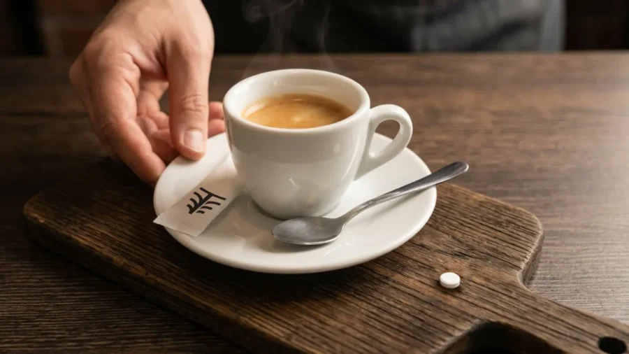 En rykande kopp kaffe ställs fram på en skärbräda av en barista. Till det serveras ett litet vitt piller, en koffein tablett. Hoppas det smakar!