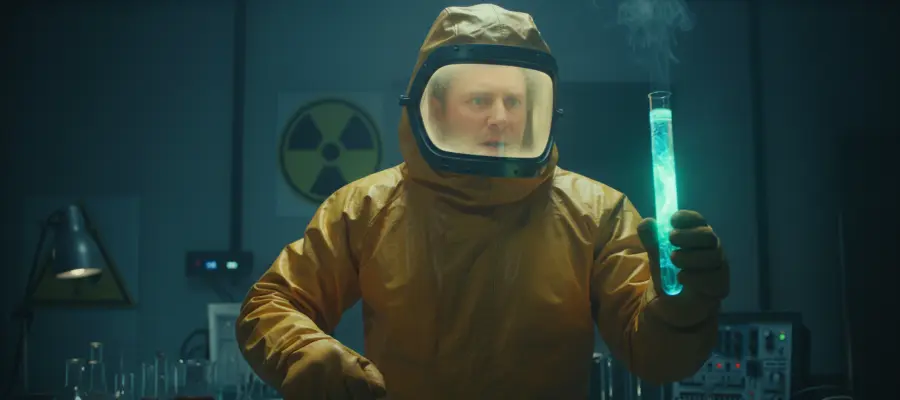 En man i skyddsutrustning håller i ett radioaktivt provrör. Man ser att det är radioaktivt eftersom det är grönt och självlysande. Han ser lite orolig ut, stackarn.