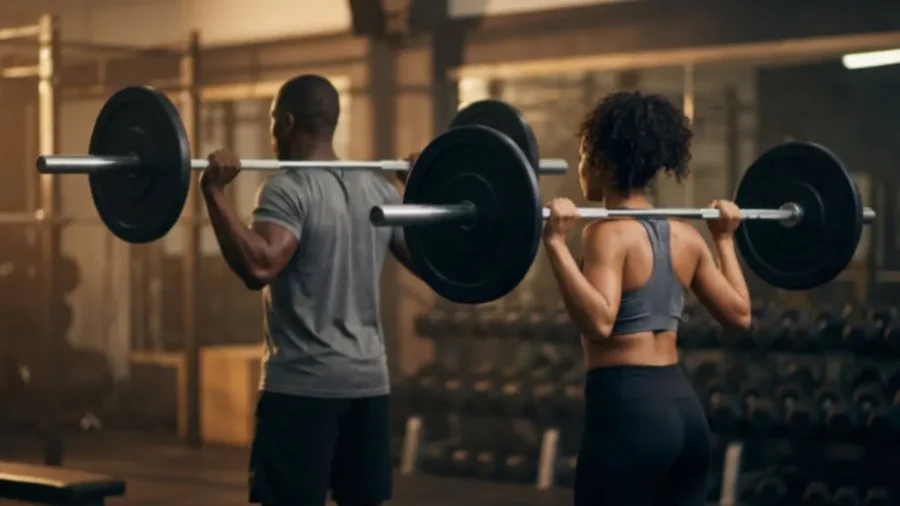 En man och en kvinna står redo på gymmet med en varsin skivstång på axlarna. De ser laddade ut