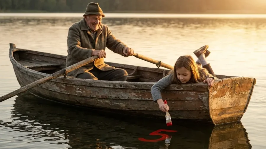 Somna på 5 minuter - en roddbåt är ute på sjön med en man som ror och en liten tjej som ligger längst bak och har skrivit siffran fem i vattnet med en målarpensel.