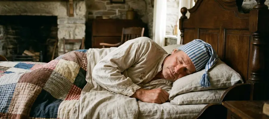 En man med nattmössa som ligger och sover i en säng.