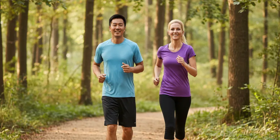 En kvinna och en man som är ute och joggar lite lugnt på en fin skogsslinga.
