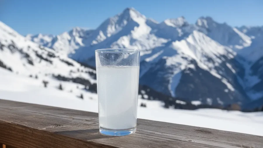 Ett glas elektrolyter som står framför ett majestätiskt snöigt berg är starten på historien varför elektrolyter är bra för dig. På med skidorna och häng med!