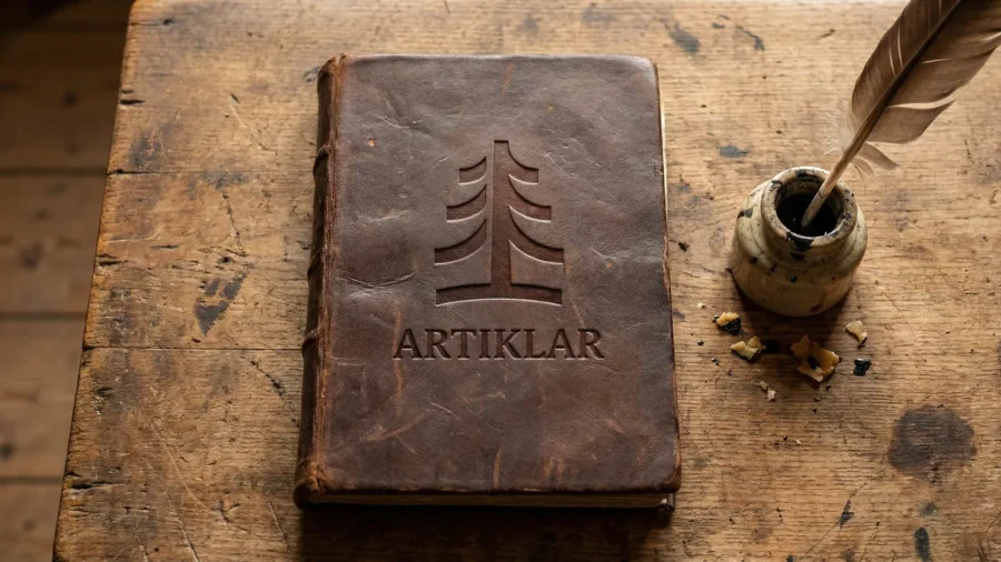 En gammal anteckningsbok i läder märkt med texten "Artiklar" ligger på ett slitet träbord, tillsammans med en bläckskål med en fjäder i.