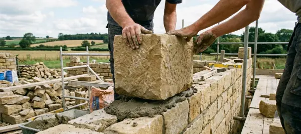 Två personer hjälps åt att lägga en stor sten på plats uppe på en stenmur.