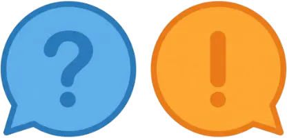 FAQ kring klimakteriet för män. En blå pratbubbla med ett frågetecken och en orange pratbubbla med ett utropsdito.