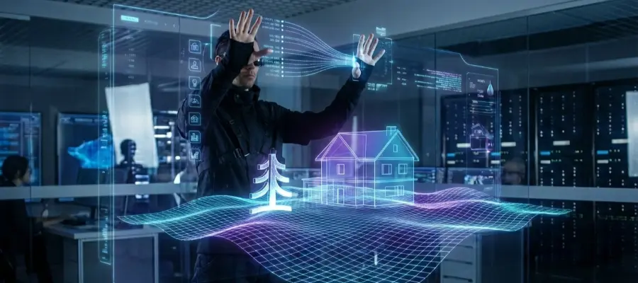 En man står och viftar med armarna framför någon slags holografisk representation av en trädgård med ett hus. Enligt filmer som Minority Report skulle det vara såhär man använder en dator ett 3D-program i framtiden, men oj vad man skulle ha ont i axlarna efter en arbetsdag.