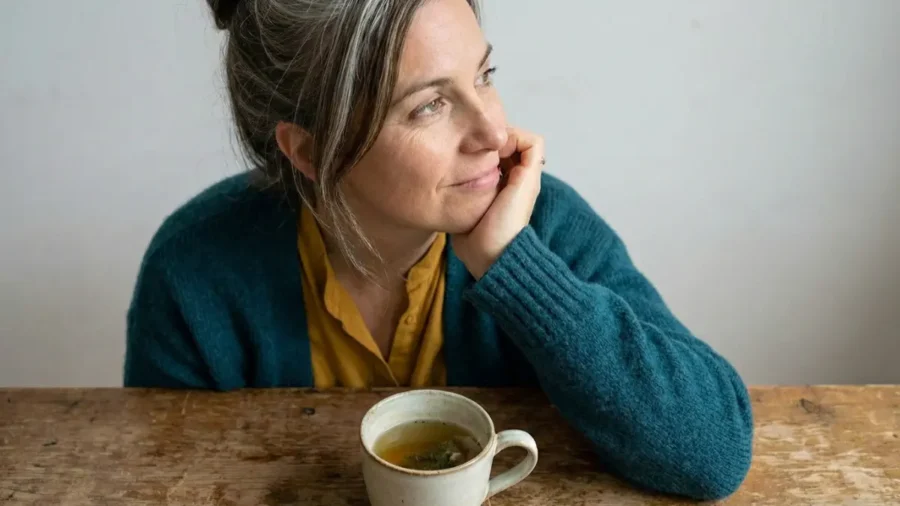 Vad händer med dina hormoner i klimakteriet, och hur kan man göra övergången lättare? Det funderar den här kvinnan på när hon sitter med hakan i handen över en kopp te och tittar drömmande ut mot ett fönster.
