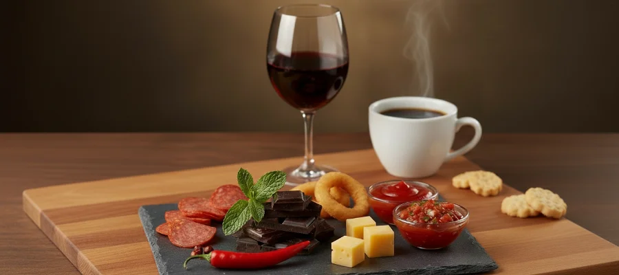 En bricka med nattamat som garanterat kommer ge dig reflux. Och till det ett glas rödvin och en kopp kaffe.