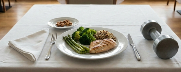 Tallrik från 16 weeks of hell med broccoli, sparris, kyckling och någon slags fullfiber-bulgur. Bredvid tallriken ligger en hantel.