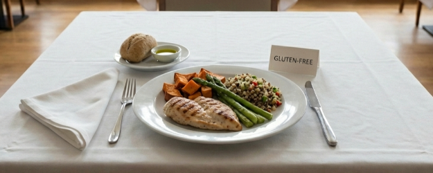 En tallrik med glutenfri mat. Det ser man på den lilla pappskylten med texten "gluten free".