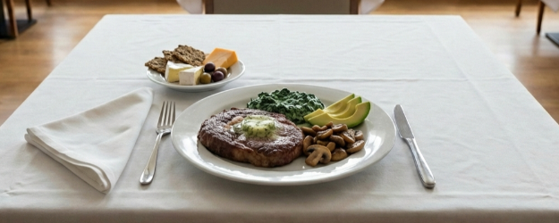 En tallrik med LCHF-mat, kött med persiljesmör, svamp, avocado, spenat, lågkolhydrat-bröd, oliver och ostar.