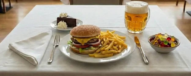 En tallrik med en klassisk hamburgare med pommes frites. Till det serveras en chokladtårta med grädde och en stor starköl. Ja, och så en stor skål med Haribo-godis till det. Kan detta vara en diet för dig?