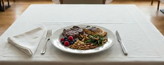 En tallrik med stenålderskost, bär nötter, svamp, kött och lax