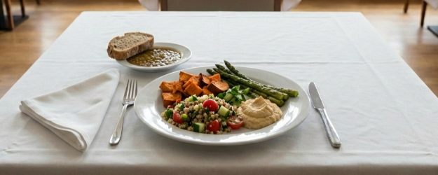 En tallrik med vegetariansk mat, bulgur med tomat och gurka, sötpotatis, sparris och hummus. Till förrätt finns ärtsoppa och en bit bröd.