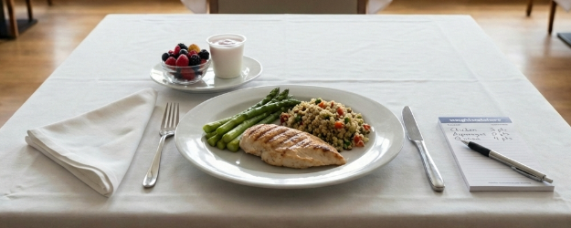 Viktväktarnas tallrik innehåller någon slags bulgur, sparris och kyckling med en liten efterrätt med bär och yoghurt. Bredvid tallriken ligger ett block för poängräkning