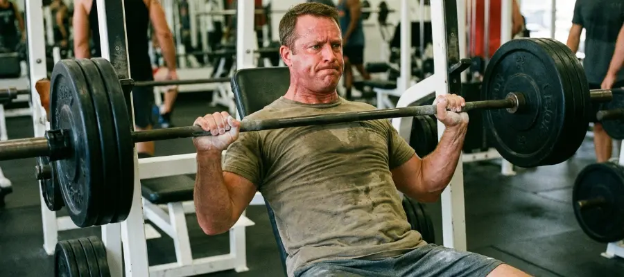 En svettig kille som kör bänkpress på gymmet.