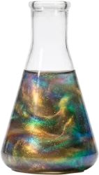 En e-kolv i glas med någon slags färgskimrande vätska i