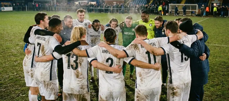 Ett fotbollslag står i en sådan där ring där man håller varandra om axlarna och peppar varandra.