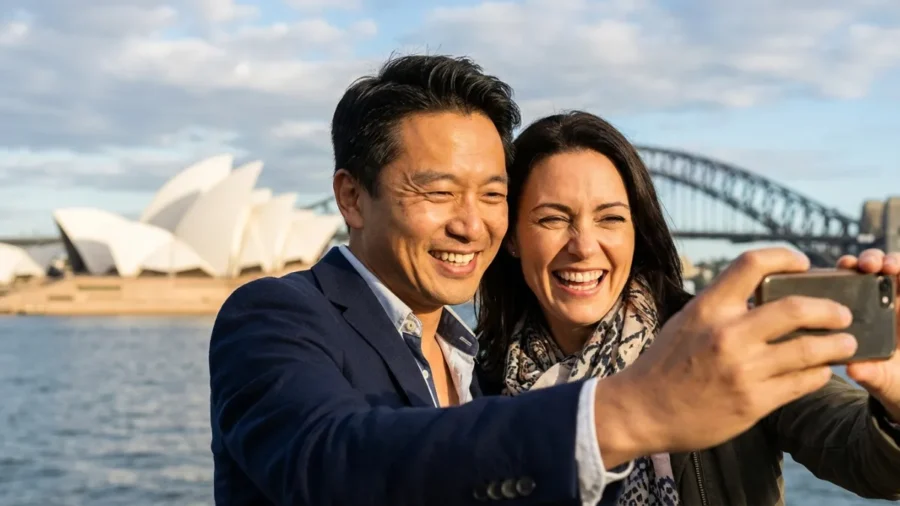 En man och en kvinna tar en selfie framför operahuset i Sydney. De ser synnerligen utvilade och glada ut. Inte ett spår av jetlag.