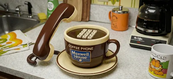 En klassisk 80-talstelefon utformad som en kaffekopp