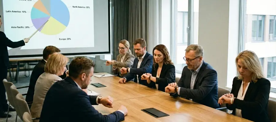 Någon står i ett mötesrum och går igenom ett pajdiagram framme vid projektorduken. Samtliga åtta personer som sitter vid konferensbordet och tittar på klockan.