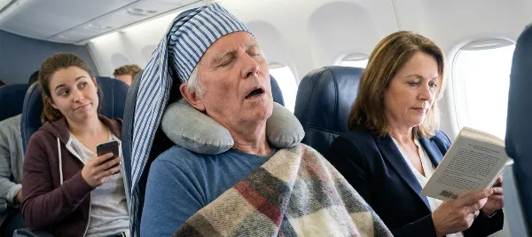 En man son sover jättegott i flygplanet. Han har på sig nattmössa och en mysig filt.